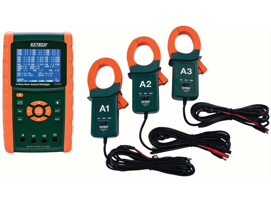 Extech PQ345012NIST 1200A 3Phase Power Analyzer/Datalogger Kit with
